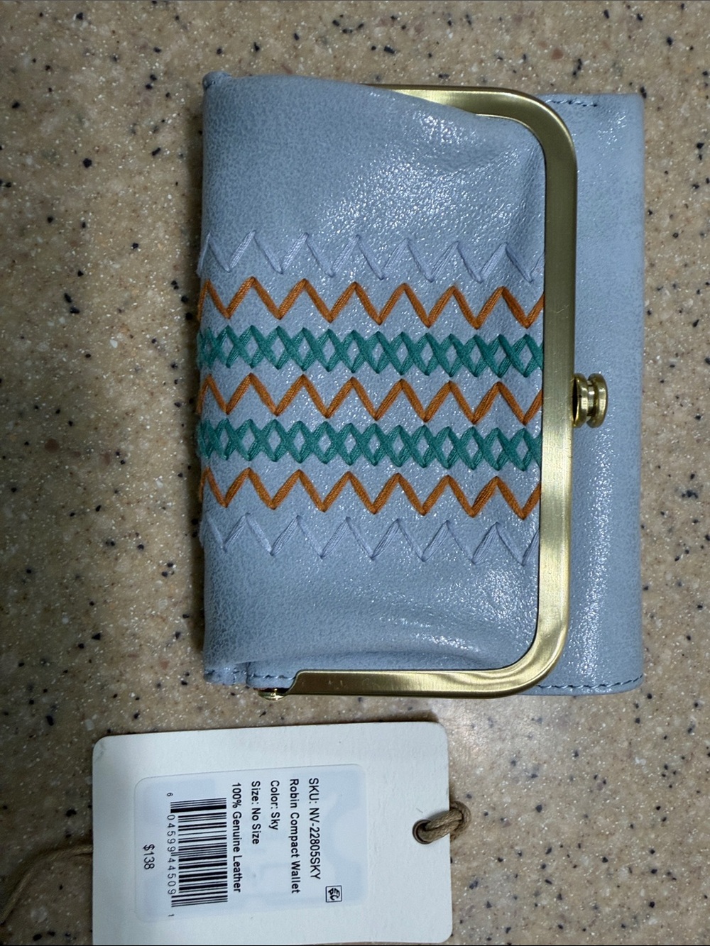 HOBO ROBIN WALLET SKYLight Blue Leather Wallet with Green and Tan Embroidery